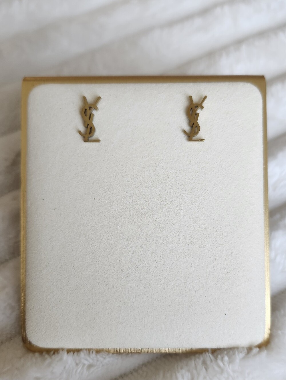 YSL Yves Saint Laurent Cassandre Monogram Stud Earrings Gold Tone